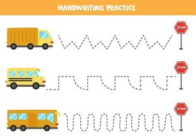 tracez les lignes avec le transport de bande dessinée. pratique de l'écriture. vecteur