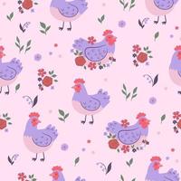 modèle sans couture avec des poulets mignons et des fleurs. graphiques vectoriels. vecteur