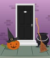 scène de saison halloween avec porte de maison et citrouille vecteur
