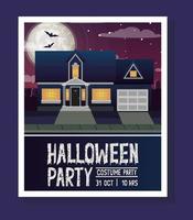 carte de saison halloween avec maison dans une scène de nuit sombre vecteur