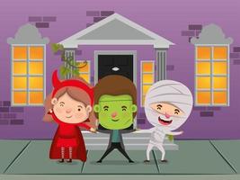 scène de la saison halloween avec des enfants dans les rues vecteur