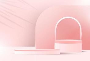 abstrait blanc 3d pièce avec une réaliste rose podium cylindre ensemble podium ensemble et recouvrir le ombre de paume feuilles. le minimum scène pour produit afficher présentation vecteur