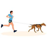 Jeune homme le jogging avec le sien chien sur une laisse. soins pour une animal de compagnie. vecteur illustration