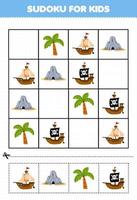 éducation Jeu pour les enfants sudoku pour des gamins avec mignonne dessin animé navire la grotte arbre imprimable pirate feuille de travail vecteur