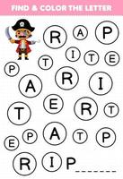 éducation Jeu pour les enfants trouver et Couleur lettre p pour pirate personnage imprimable pirate feuille de travail vecteur