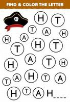 éducation Jeu pour les enfants trouver et Couleur lettre h pour chapeau imprimable pirate feuille de travail vecteur