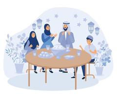 Ramadan dîner. musulman famille alimentaire, iftar célébrer. arabe de fête vaisselle sur tableau, rituel salutations. après jeûne, Parents et des gamins ensemble, plat vecteur moderne illustration