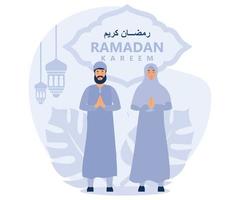 Ramadan kareem salutation carte. musulman en portant misbaha tasbih sur islamique modèle Contexte. plat vecteur moderne illustration