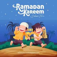 Ramadan kareem illustration traditionnel garçon appel gens en haut à suhoor repas social médias Publier vecteur