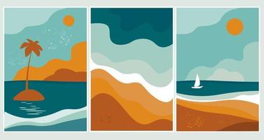 une ensemble de abstrait contemporain la nature affiches. mer, le sable avec paume des arbres, île, bateau avec voile sur le Contexte de Soleil et des nuages. vecteur graphique.