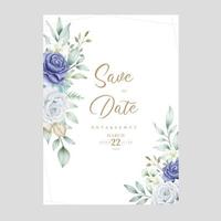 élégant aquarelle floral Cadre mariage papeterie avec marine bleu fleur et feuilles vecteur