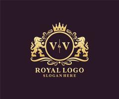 modèle initial de logo vv lettre lion royal luxe dans l'art vectoriel pour le restaurant, la royauté, la boutique, le café, l'hôtel, l'héraldique, les bijoux, la mode et d'autres illustrations vectorielles.