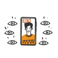 main tiré griffonnage la personne vivre sur mobile téléphone avec beaucoup yeux en train de regarder illustration vecteur