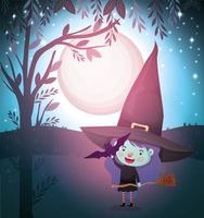 scène de la saison halloween avec une fille en costume de sorcière vecteur