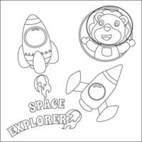 espace Lion ou astronaute dans une espace costume avec dessin animé style, marrant peu espace explorateur. Créatif vecteur puéril conception pour des gamins activité coloration livre ou page.