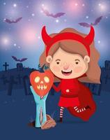 scène de la saison halloween avec une fille dans un costume de diable vecteur