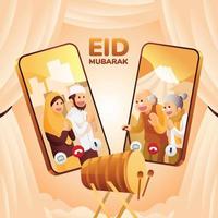 vecteur illustration de musulman gens communiquer en ligne par téléphone intelligent vidéo appel dans eid mubarak
