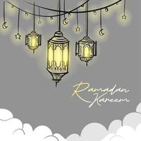 Ramadan kareem salutations main tiré illustration avec pendaison arabe lanterne carré bannière social médias modèle vecteur