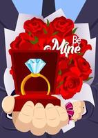 homme dans costume proposer avec diamant bague et apporter Rose bouquet romantique Valentin sucré moment vecteur