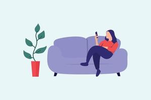 femme relaxant sur canapé chaise en utilisant intelligent téléphone. vecteur illustration