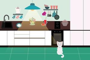 Accueil cuisine intérieur dans minimalisme style avec chat. vecteur illustration dans plat conception style.
