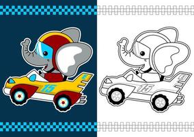 mignonne l'éléphant sur courses voiture, vecteur dessin animé. coloration page ou livre