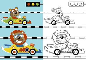 vecteur dessin animé de marrant ours avec Lion sur courses voiture, coloration page ou livre