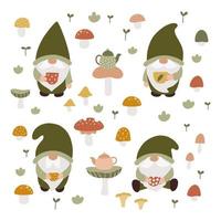 jardin gnomes avec tasses. thé temps. main tiré champignons. Fée conte dessin animé personnages. vecteur illustration.