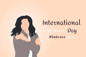 international aux femmes journée 8 mars. horizontal affiche avec une femme traversée sa bras. vecteur illustration dans plat style pour bannière, social médias.
