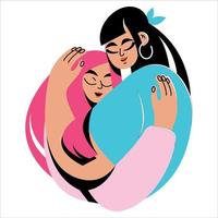 une couple de les amoureux. 2 femmes étreinte. lgbt, fierté. caucasien et noir copines sont souriant. magnifique lesbiennes vecteur