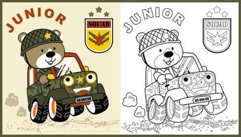 vecteur dessin animé de mignonne ours soldat conduite marrant militaire véhicule, coloration page ou livre