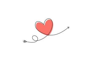 la flèche de Cupidon dans le dessin continu de lignes sous la forme d'un cœur et le texte aime dans un style plat. ligne noire continue. symbole d'amour et de tendresse. vecteur
