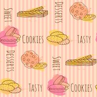 Illustration de vecteur de cookie. Biscuits dessinés à la main modèle sans couture avec des éclaboussures colorées. Macarons et gaufres sucrés.