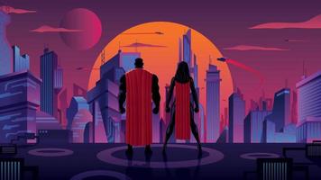 super-héros couple dans futuriste ville vecteur