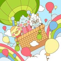 mignonne animal dessin animé personnages balade une chaud air ballon vecteur