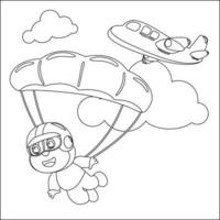 vecteur dessin animé illustration de parachutisme avec peu animal, avion et des nuages, avec dessin animé style puéril conception pour des gamins activité coloration livre ou page.