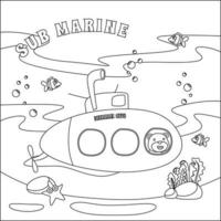 sous-marin avec mignonne marin en dessous de mer, avec dessin animé style puéril conception pour des gamins activité coloration livre ou page. vecteur