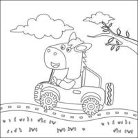 mignonne peu cheval conduite une voiture aller à forêt marrant animal dessin animé, branché les enfants graphique avec ligne art conception main dessin esquisser vecteur illustration pour adulte et des gamins coloration livre.