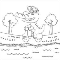 mignonne peu crocodile équitation scooter, marrant animal dessin animé, vecteur illustration. puéril conception pour des gamins activité coloration livre ou page.