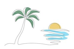 un ligne dessin de plage avec paume arbre et le coucher du soleil. vecteur illustration.