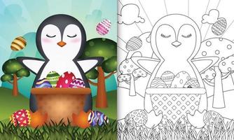 Livre de coloriage pour les enfants sur le thème de joyeuses pâques avec illustration de personnage d'un pingouin mignon dans l'oeuf de seau vecteur