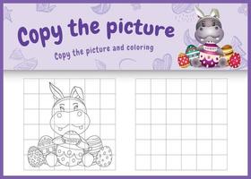 Copiez l'image jeu pour enfants et coloriage sur le thème de Pâques avec un hippopotame mignon en utilisant des bandeaux d'oreilles de lapin étreignant des œufs vecteur