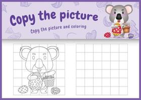 Copiez l'image jeu d'enfants et coloriage sur le thème de Pâques avec un koala mignon tenant l'œuf de seau et l'œuf de Pâques vecteur