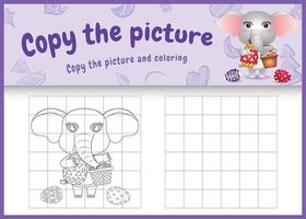 Copiez l'image jeu d'enfants et coloriage sur le thème de Pâques avec un éléphant mignon tenant l'œuf de seau et l'œuf de Pâques vecteur