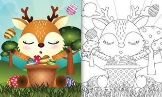 Livre de coloriage pour les enfants sur le thème de joyeuses pâques avec illustration de personnage d'un cerf mignon dans l'oeuf de seau vecteur