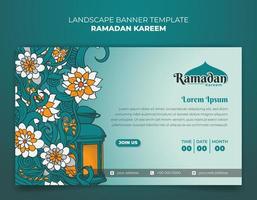 floral main tiré bannière dans paysage Contexte avec lanterne pour Ramadan kareem conception vecteur