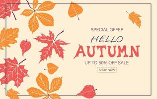 Bonjour l'automne vente Contexte avec l'automne érable, chêne et châtaigne feuilles pour publicité, bannières, dépliants et prospectus vecteur