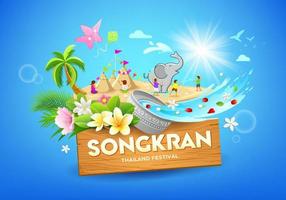 Songkran Thaïlande festival, l'eau dans bol, le sable pile avec thaïlandais fleur, femelle jouer le sable pagode sur bleu arrière-plan, eps dix vecteur illustration