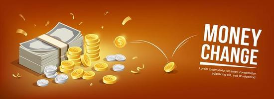billet de banque argent pièces de monnaie et or pièces de monnaie rebondir concept bannière conception sur Orange arrière-plan, vecteur