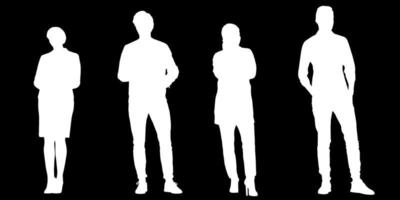 ensemble de silhouettes de Hommes et une femmes, une groupe de permanent gens blanc Couleur isolé sur noir Contexte vecteur